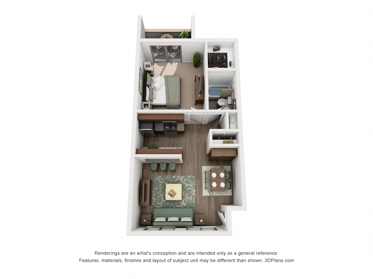 Floor plan for 1 bed, 1 bath, 720 sqft